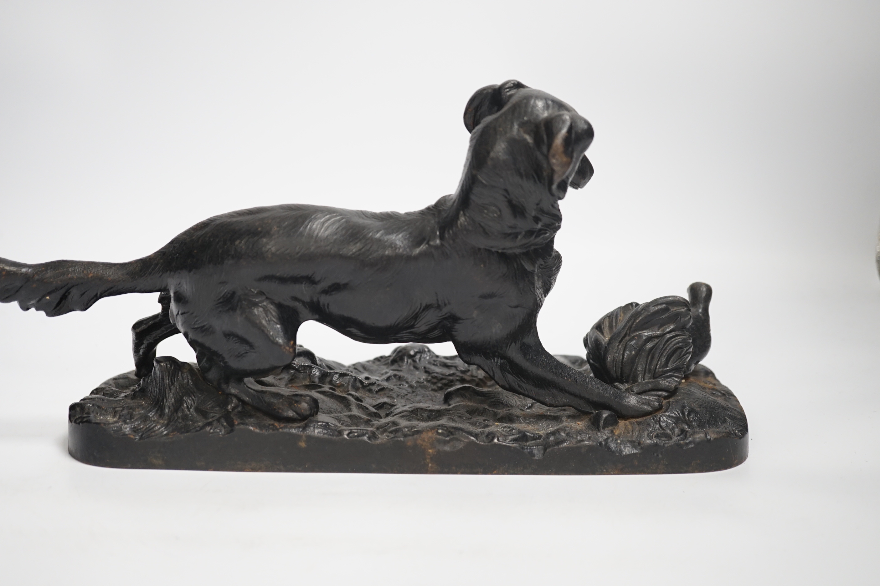 A cold-painted lead figure and a bronze animalier retriever dog, dog group 34cm long (2)